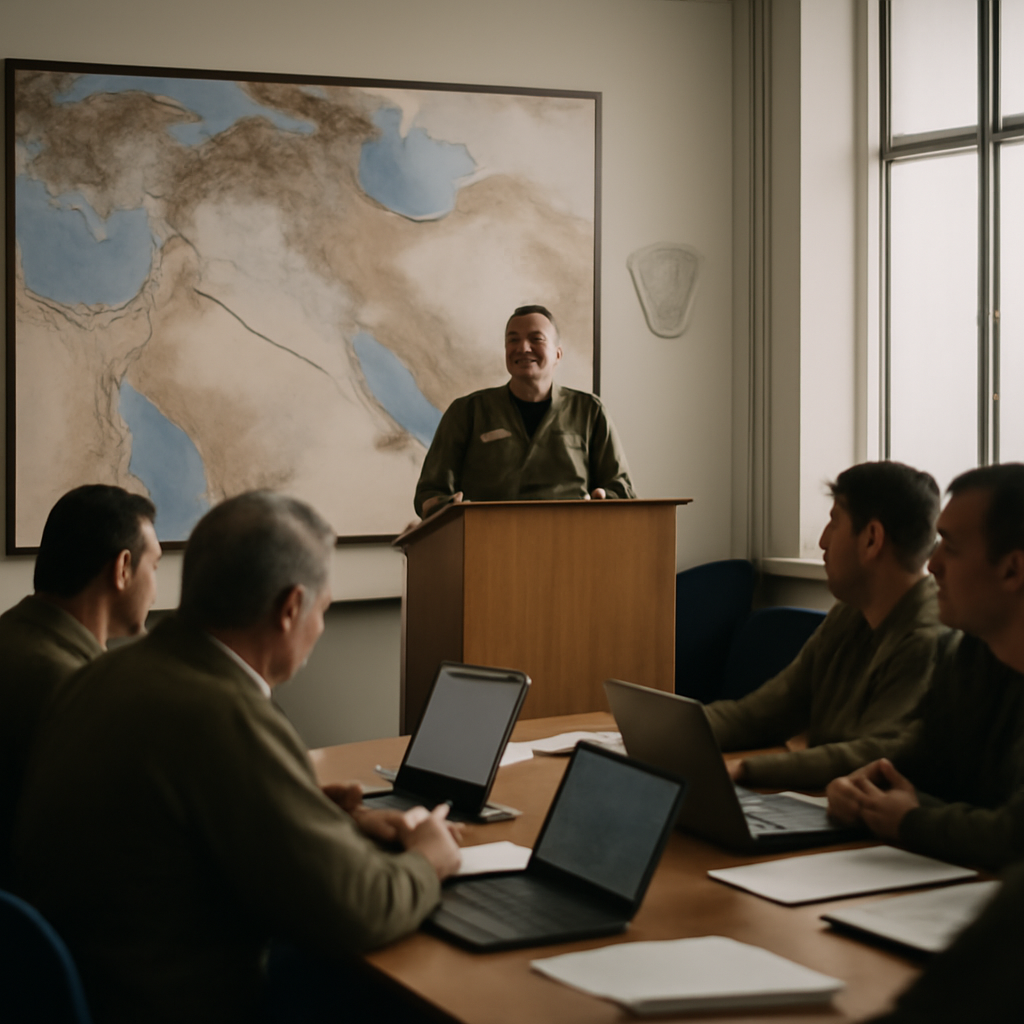 Military officers in uniform seated at a table with laptops and maps, with a podium and Middle East map in the background.