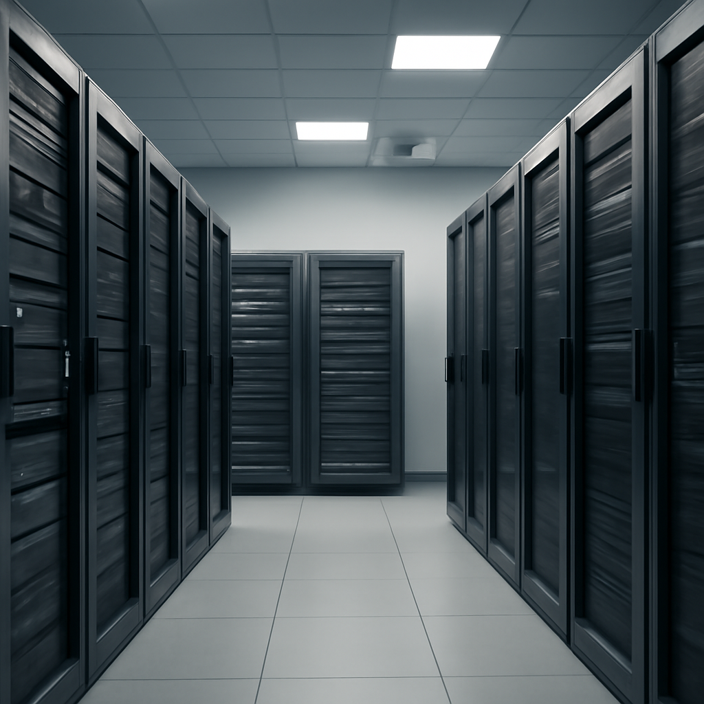 Rows of computer servers and storage equipment in a brightly-lit data center with a subtle hint of a security camera in the…