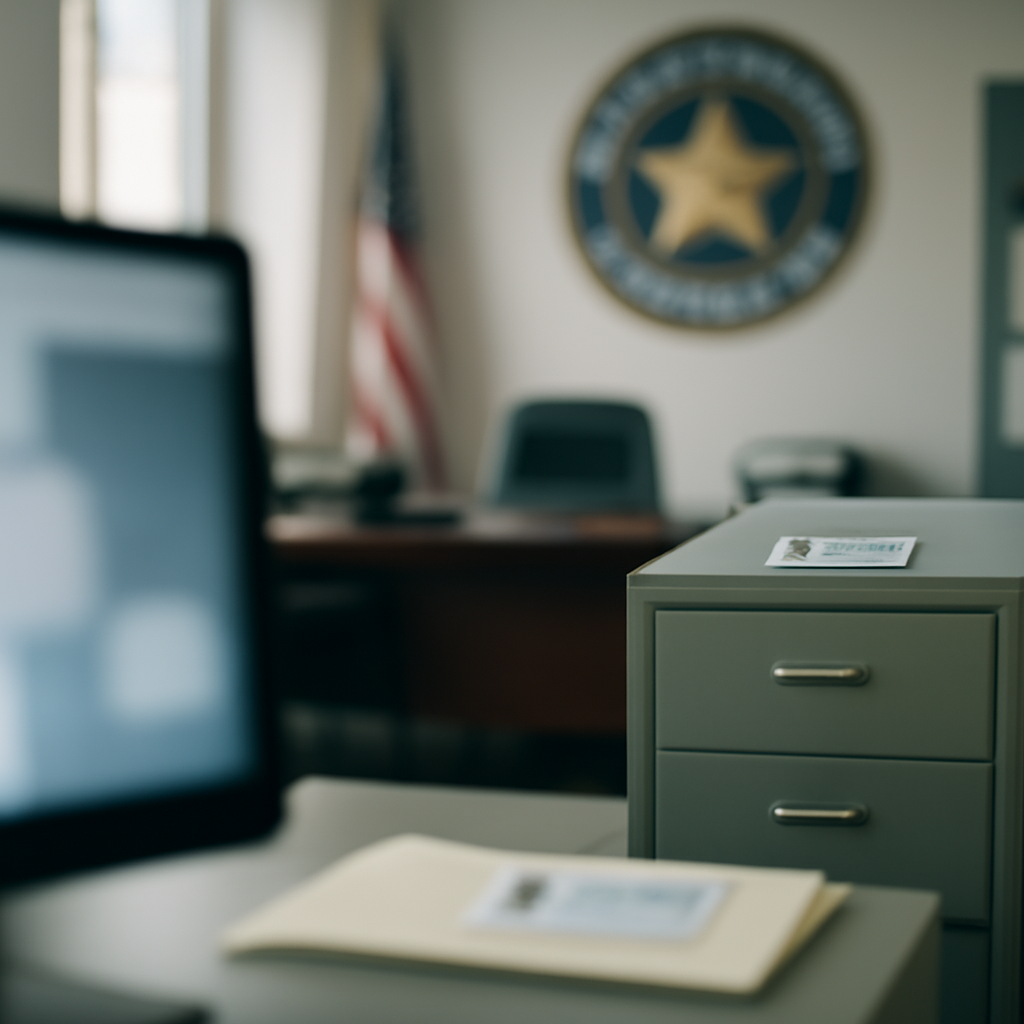 Law enforcement office with blurred computer screen in background.