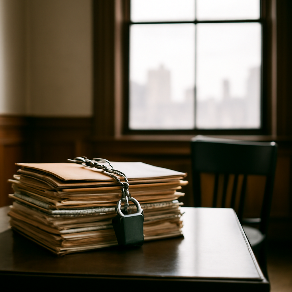 Courthouse setting with files, chair, and blurred cityscape through window.