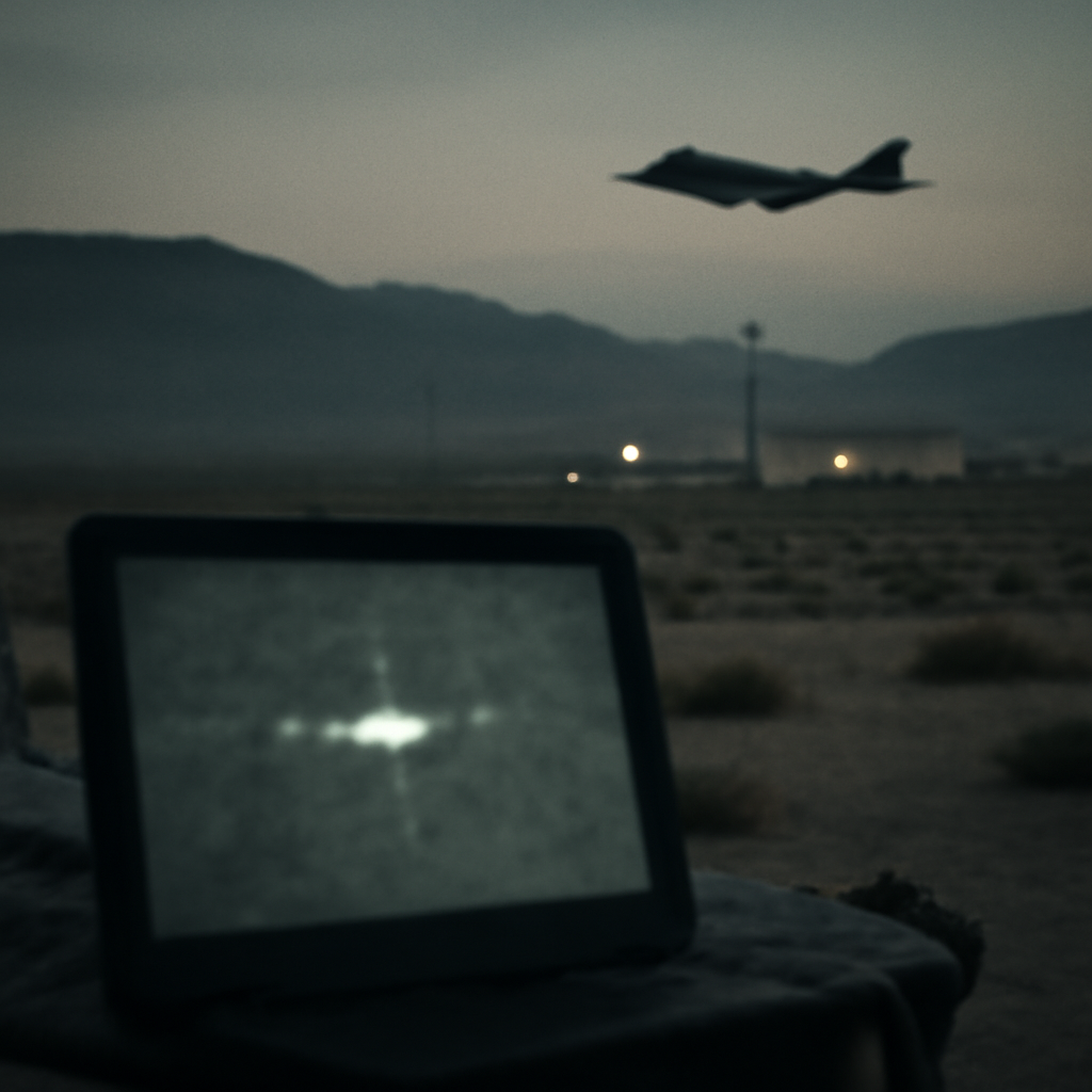 Distant Nevada desert landscape with aircraft silhouette near facility, infrared image on laptop screen in foreground.