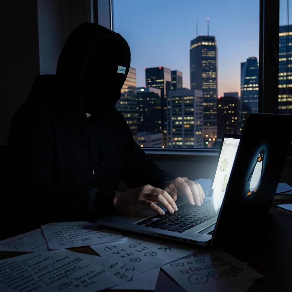 Person in a mask sits in dimly lit room with laptop, surrounded by papers with code, with cityscape at dusk in background.