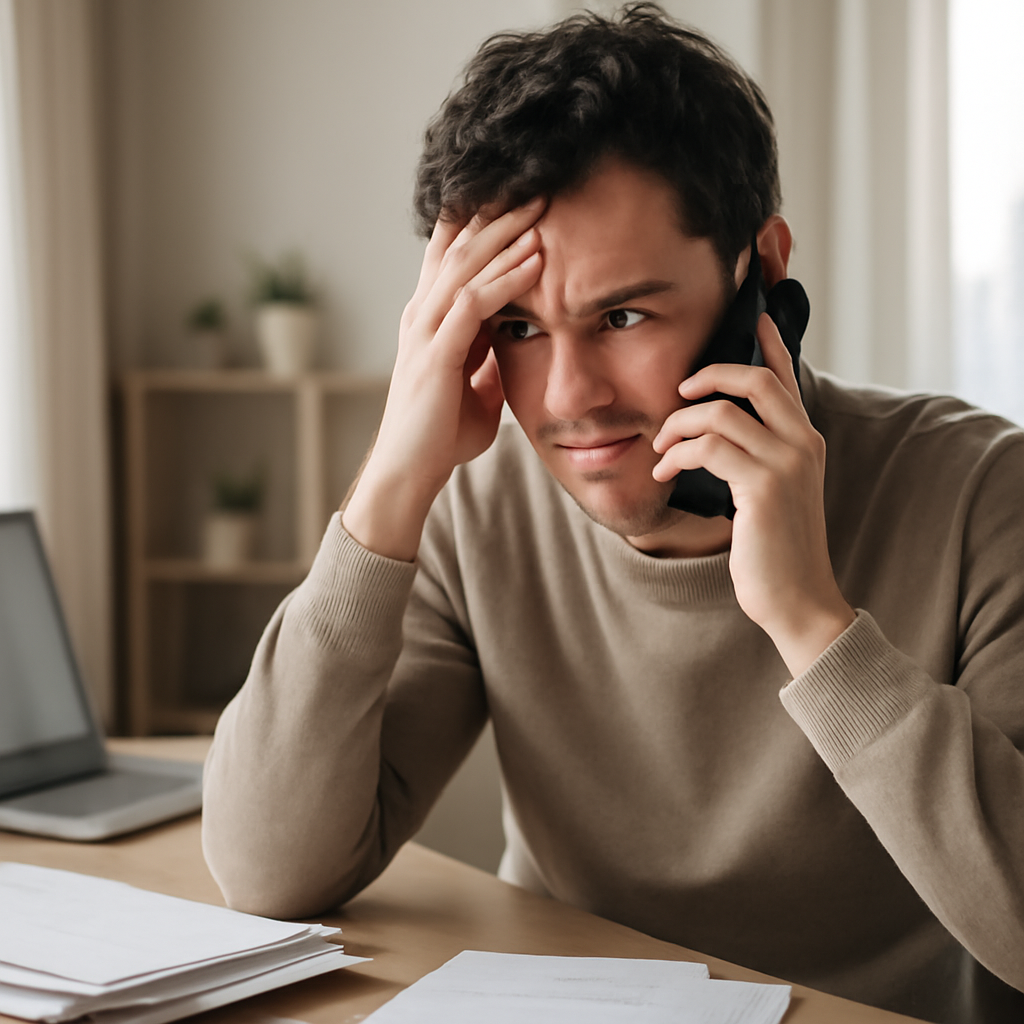 Person sits at desk, looking concerned, holding phone with laptop and papers nearby.