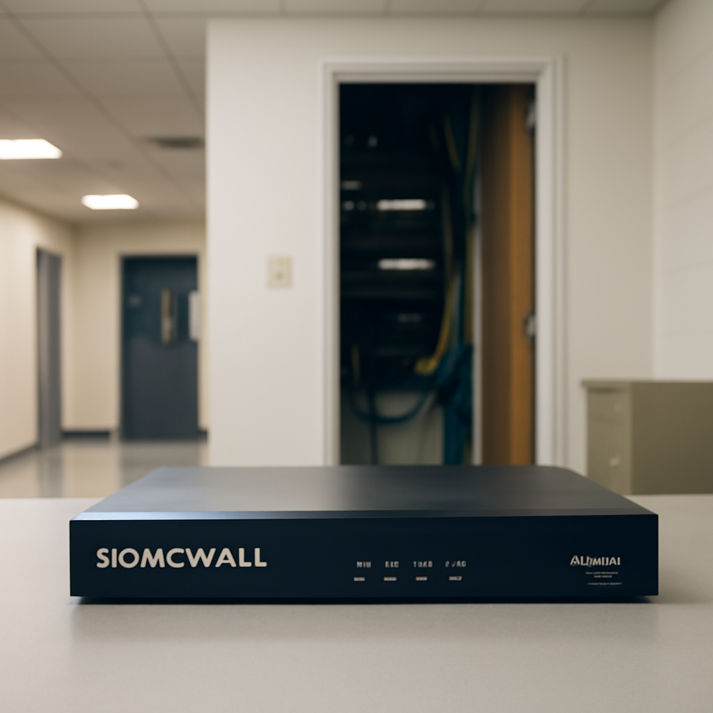 SonicWall SMA 1000 series appliance in an office setting with network closet door ajar.
