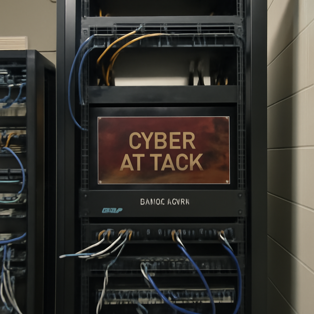 Network equipment racks with a SonicWall device in a well-lit office IT room.