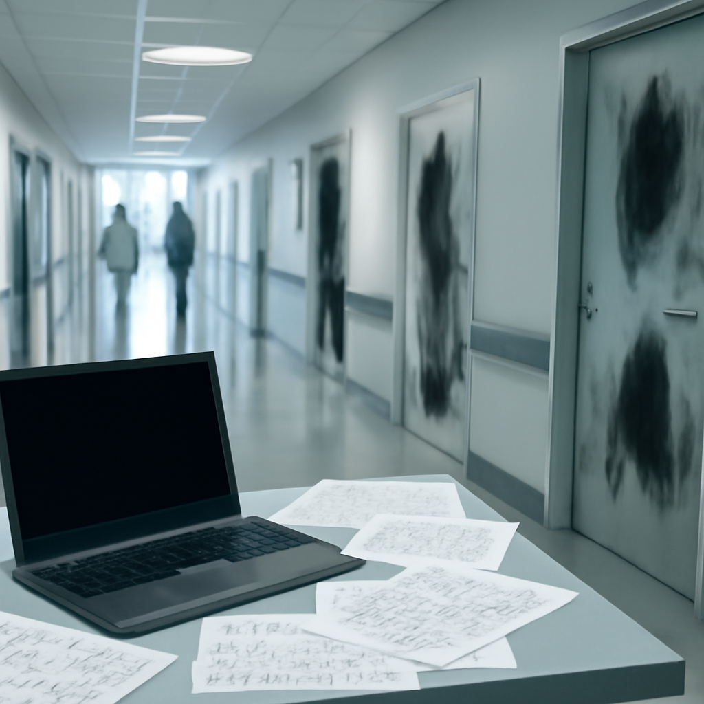 Hospital corridor with blurred patient room doors and a lone computer workstation.