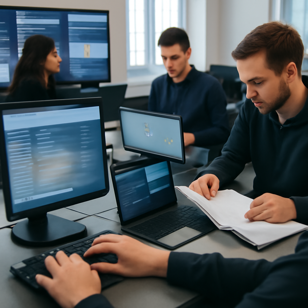 Security team members work together in a operations center surrounded by laptop screens displaying authentication logs and…