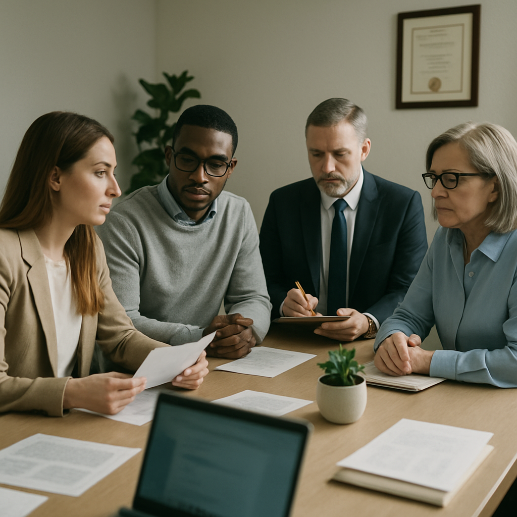 Professionals in a calm office setting convey trust and stability with technology at hand.