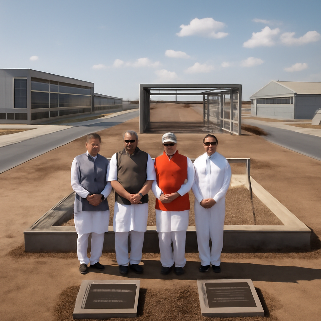 Dignitaries stand in front of a partially constructed facility at a sprawling industrial area.