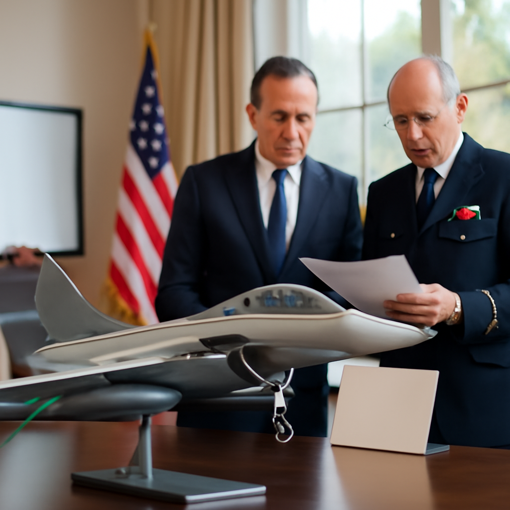 Formal government setting with a scale model of a modern fighter jet on a polished surface.