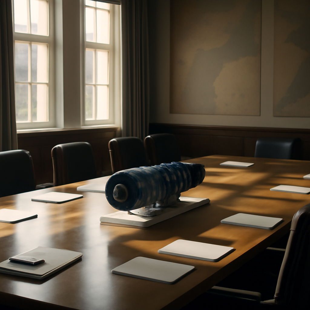 A sleek fighter jet engine model sits on a large wooden table in a high-security government meeting room.