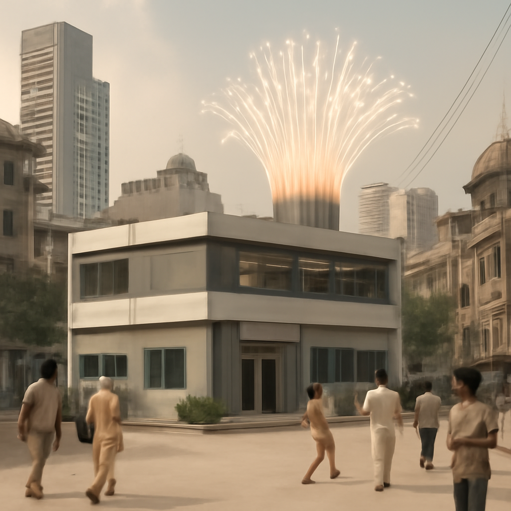 Bustling South Asian cityscape with modern and traditional architecture, featuring a prominent telecommunications hub.