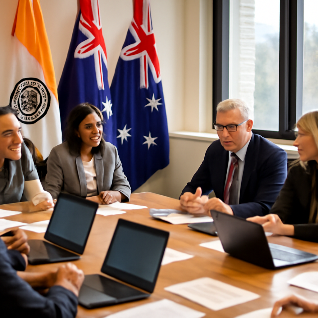 Officials from India and Australia meet in a conference room, surrounded by national flags and working documents.