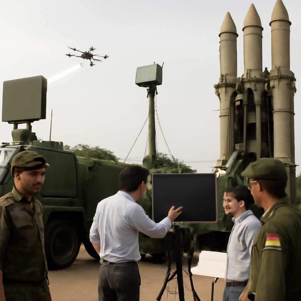 Indian military personnel stand beside advanced air defence and counter-drone technology systems on display at a defence…
