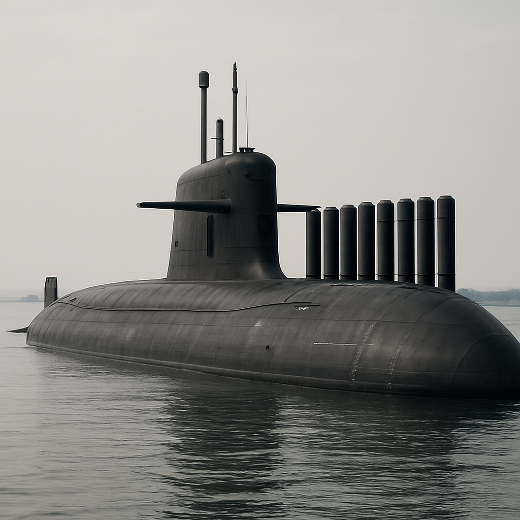 INS Aridhaman submarine in daylight setting at naval dock or open waters.