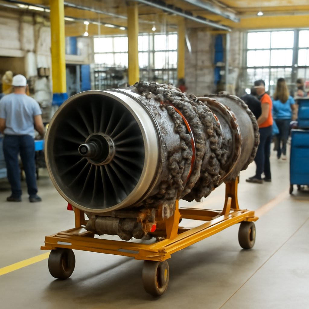 Partially assembled turbofan engine on a workbench at Hindustan Aeronautics Limited's manufacturing facility.