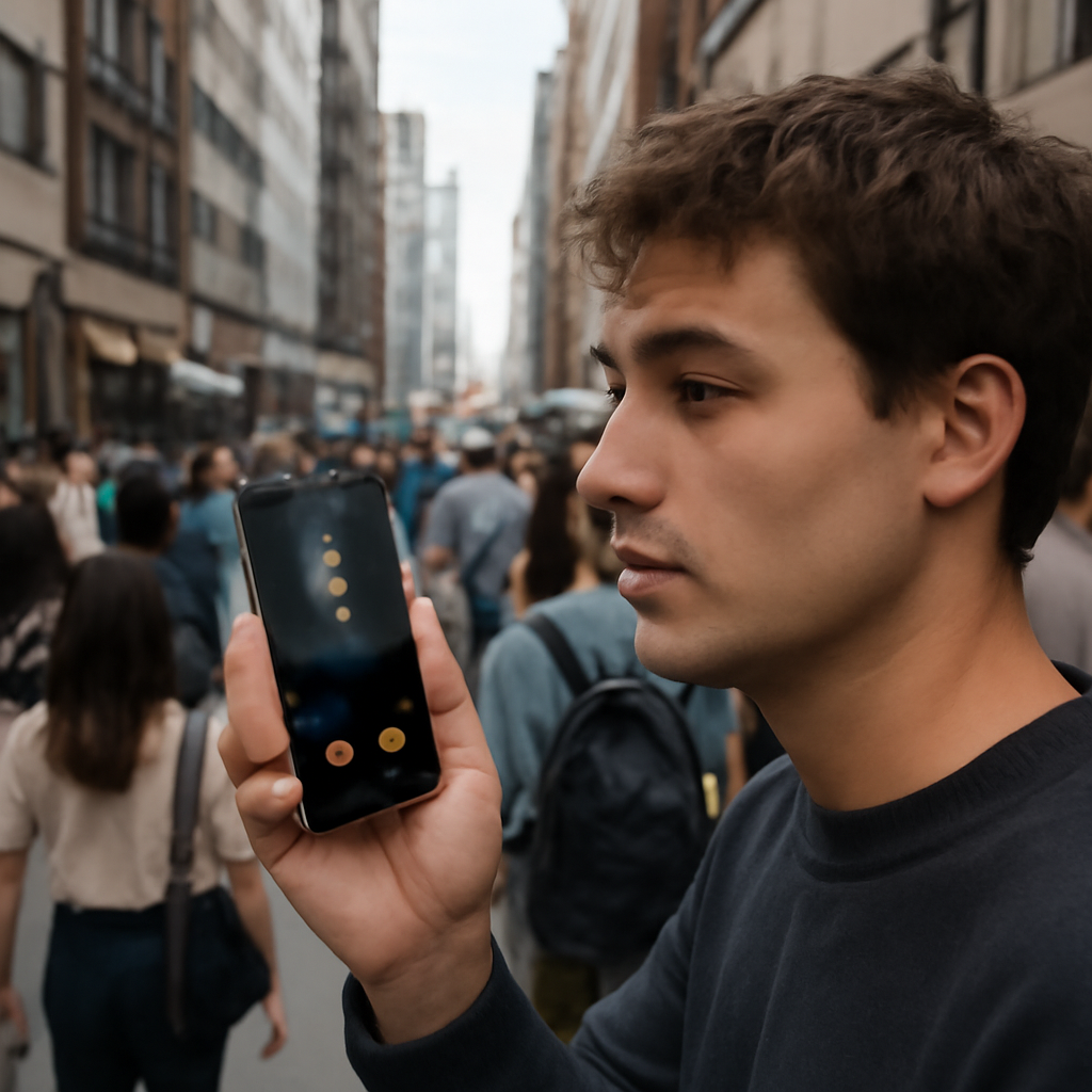 Person holds smartphone to ear with curious expression amidst bustling urban street scene.