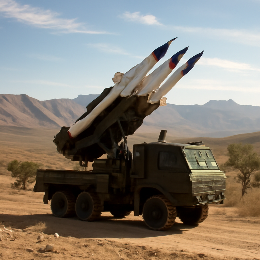 Mobile surface-to-air missile system set up on unpaved road in desert terrain.