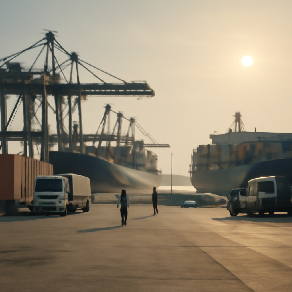Bustling port area with cargo ships, cranes, trucks, and containers under a warm daytime glow.