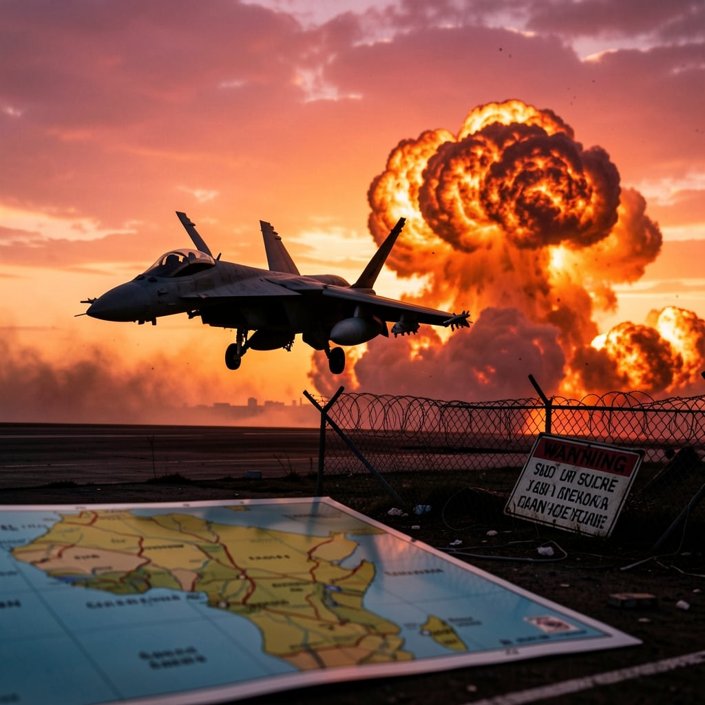 Fighter jet takes off at dawn with explosion in background, amidst broken fence and warning sign.