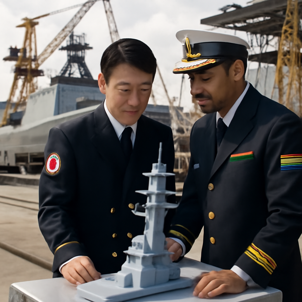 Naval officers from India and Japan examine a model of the UNICORN mast system together at a shipyard.