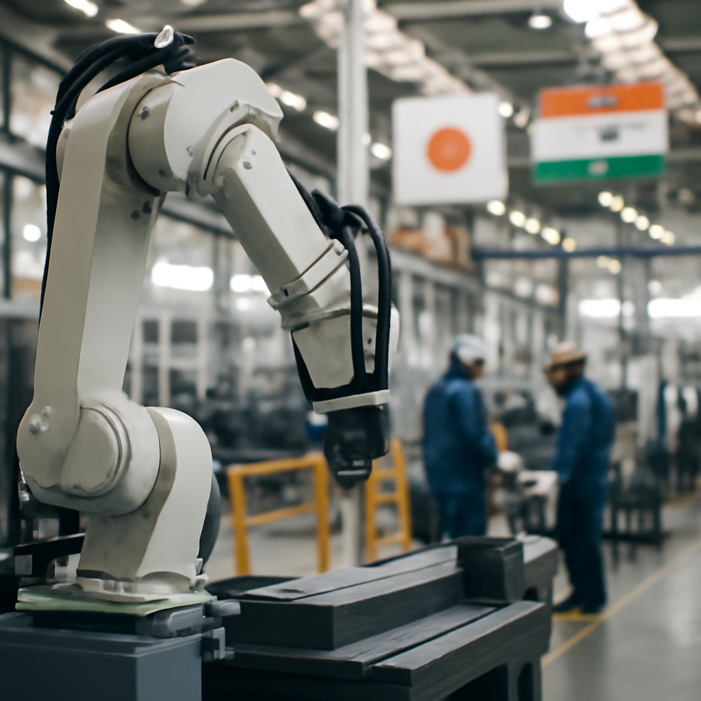 Factory production line with industrial robot and Japanese, Indian flags in background.