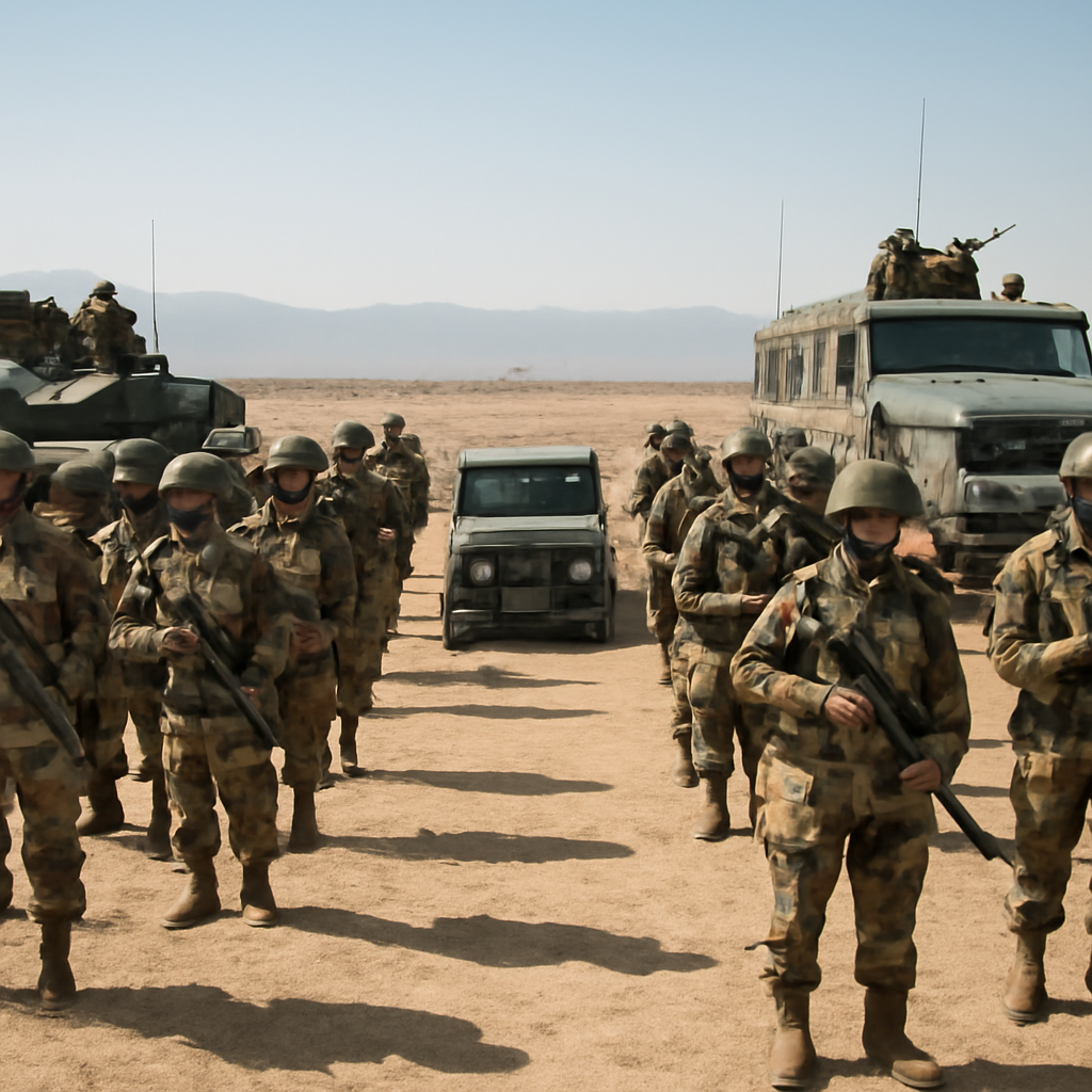 Indian Army troops in formation with military vehicles in a large open terrain.