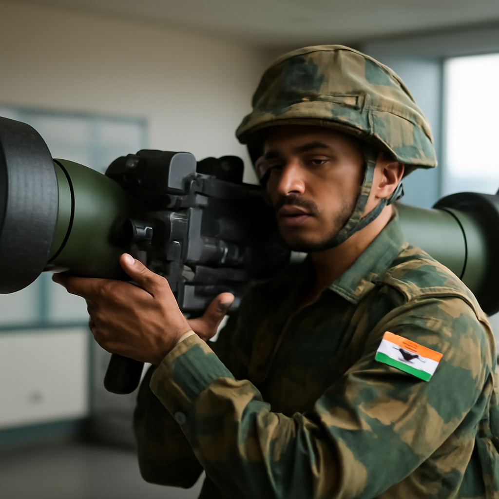 Indian military personnel holds Javelin anti-tank missile launcher in a modern military setting.