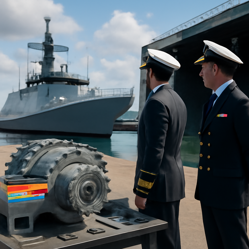 Naval officers oversee warship construction at a shipyard.