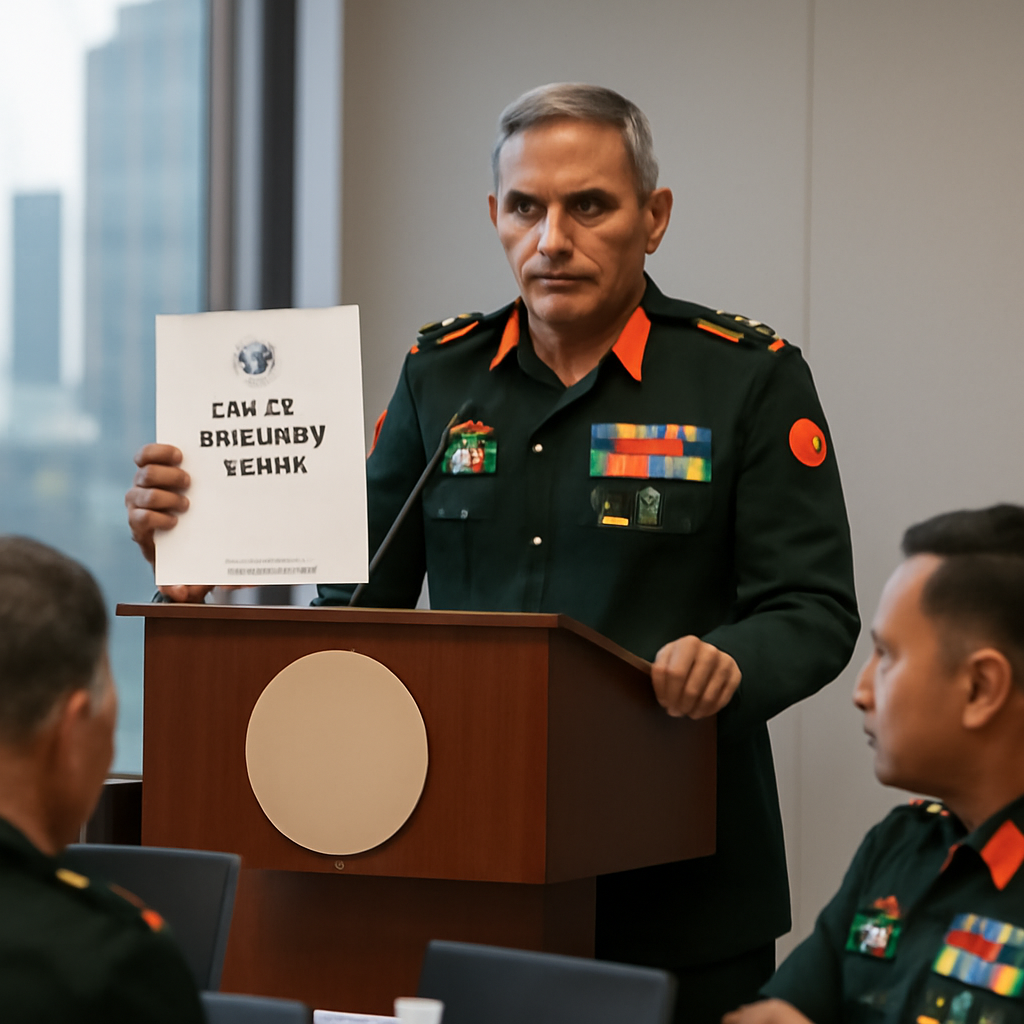 General Anil Chauhan releases India's joint air defense doctrine at a podium, surrounded by officials in a conference room…