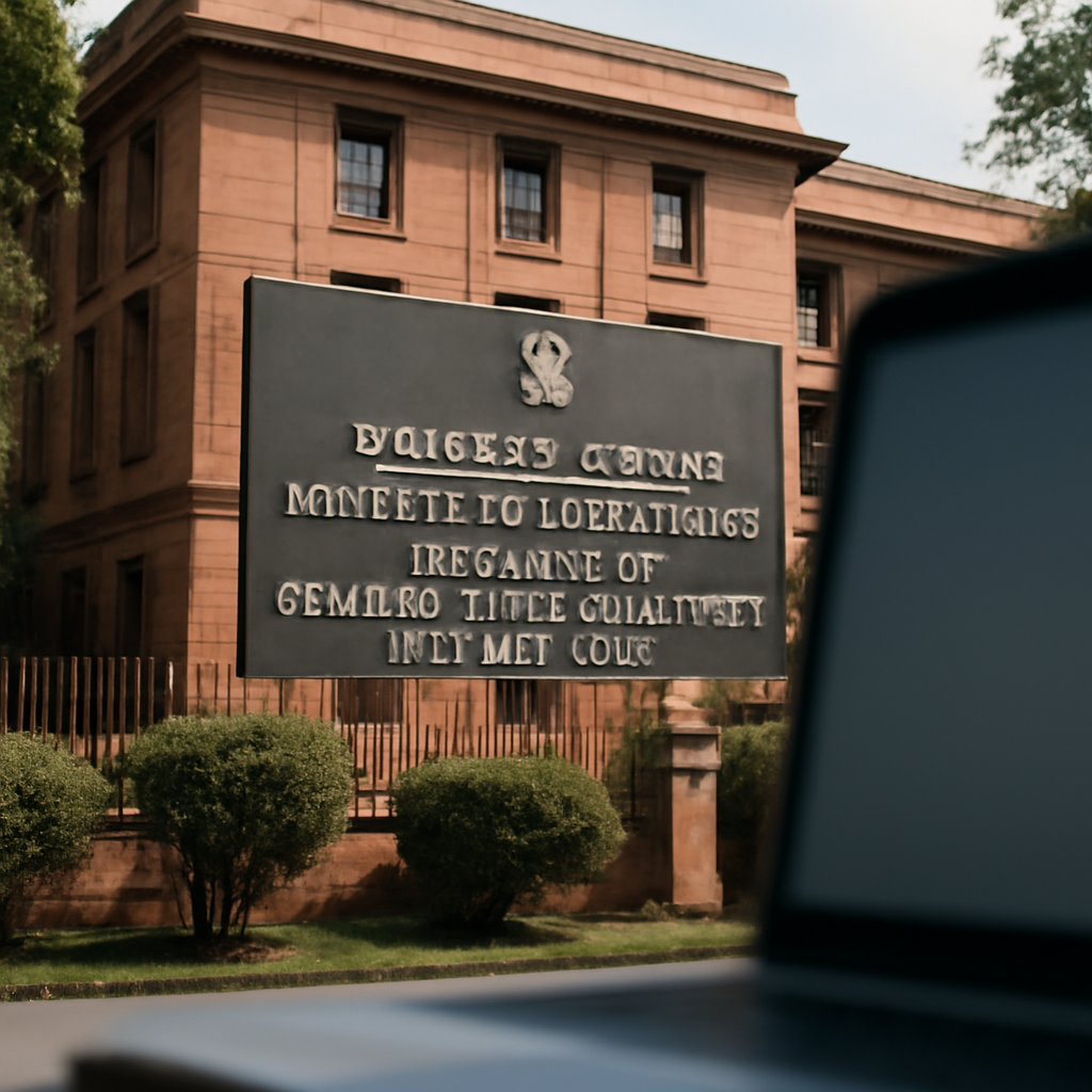 Government building in India with a subtle hint of a device screen in the foreground.