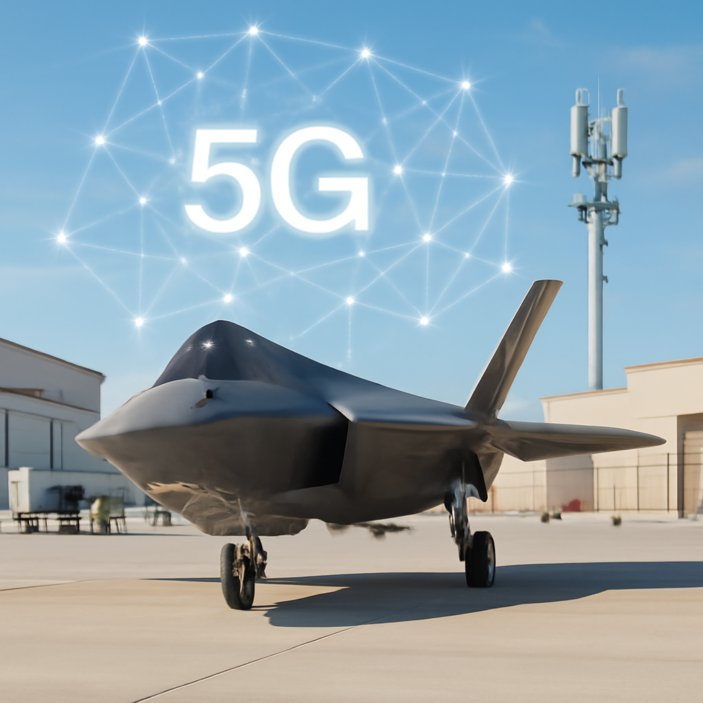 Fifth-generation fighter jet on a military airbase with abstract 5G network elements in the background.