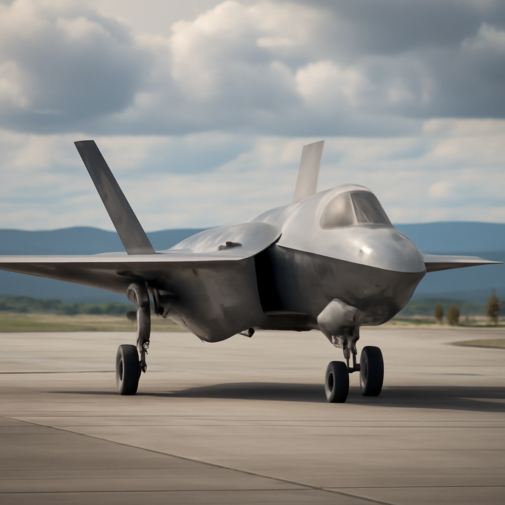 Sleek fifth-generation fighter jet on a runway, showcasing angular lines and curved surfaces against a cloudy sky backdrop.