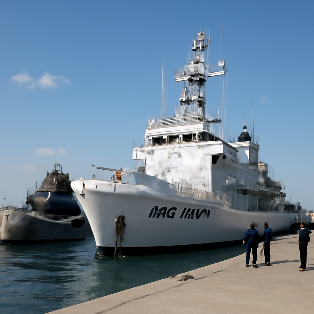 Naval vessel INS Nipun docked in harbor with personnel and submarine nearby.