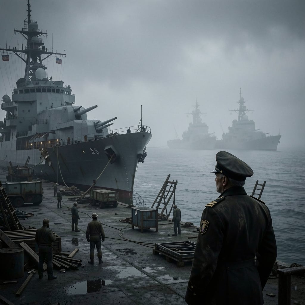 Partially constructed naval vessel in a misty dockyard with abandoned equipment and idle warships in the background.