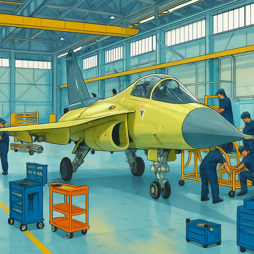 Tejas light combat aircraft on a production line with Indian Air Force personnel and technicians working in the background.