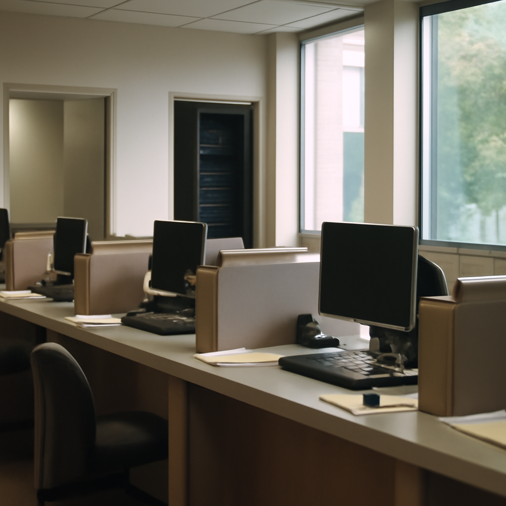 Bank interior with teller counters, computers, and papers, hint of digital infrastructure in background.