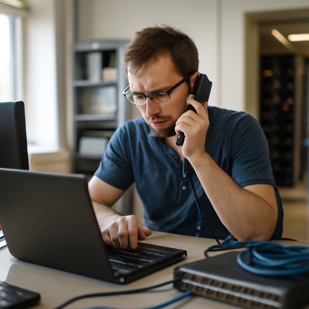 IT professional urgently working on laptop amidst computer equipment.