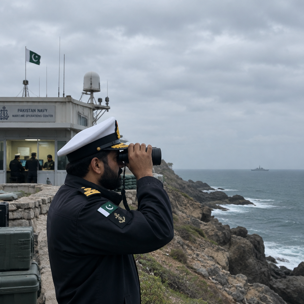 Pakistani naval officer surveys coastline through binoculars with military center in background.