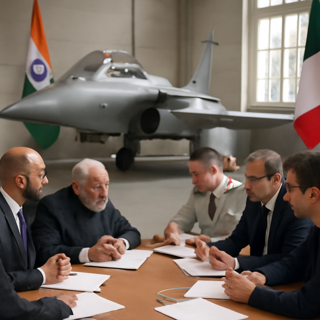 Officials in formal attire stand near a sleek fighter jet in a room blending Indian and French elements.