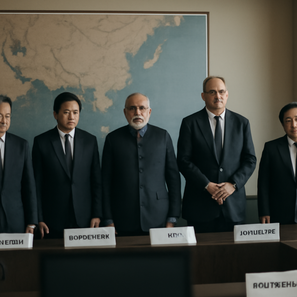 High-ranking officials from several nations gather around a large Indo-Pacific map in a neutral conference setting.