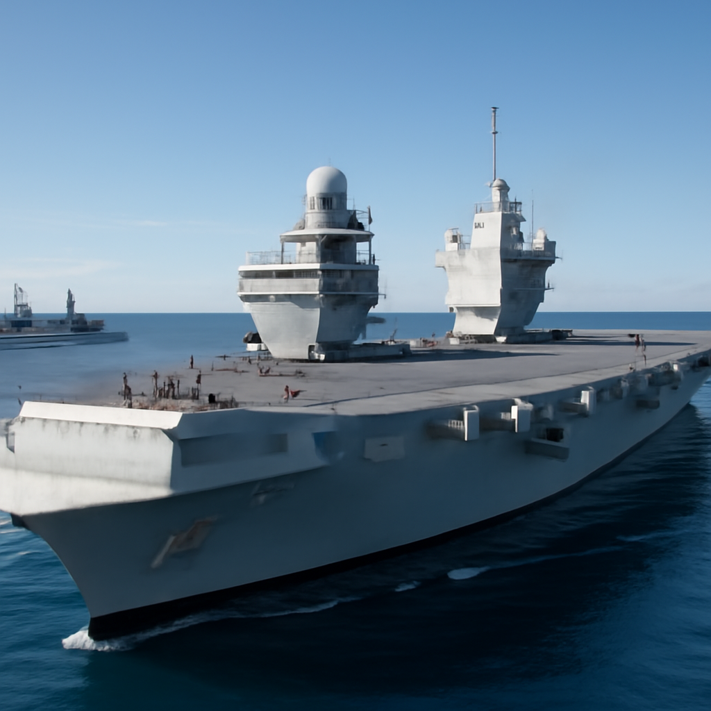 Naval aircraft carrier at sea with crew on deck and Italian frigates in distance.