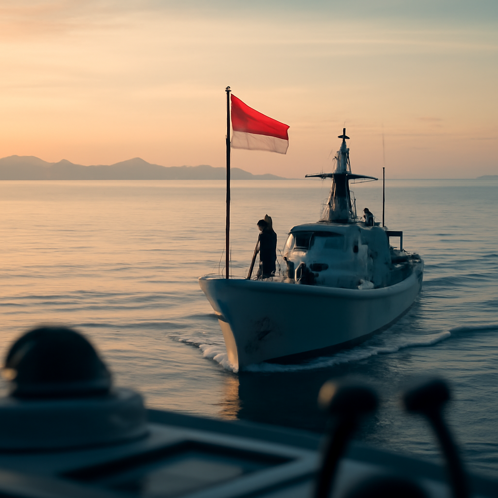 Indonesian naval vessel sails through calm South China Sea waters at dawn.