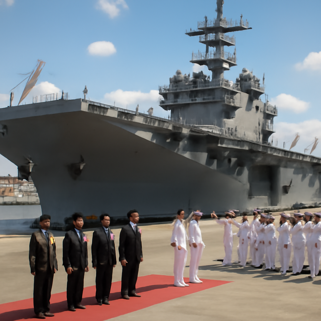 Officials attend a ceremony on the dock beside a moored Indonesian aircraft carrier.