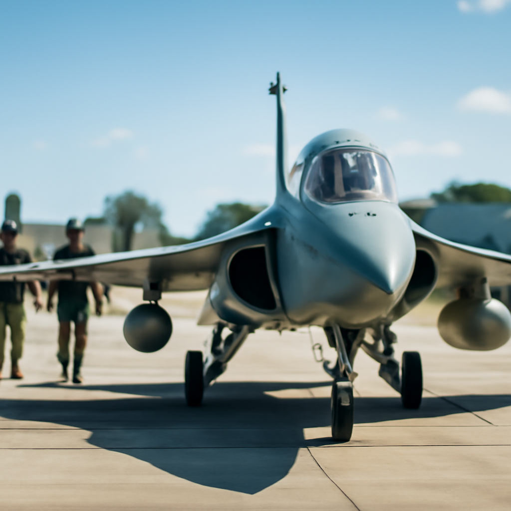 Sleek twin-engine jet fighter on a runway with officials in the background.
