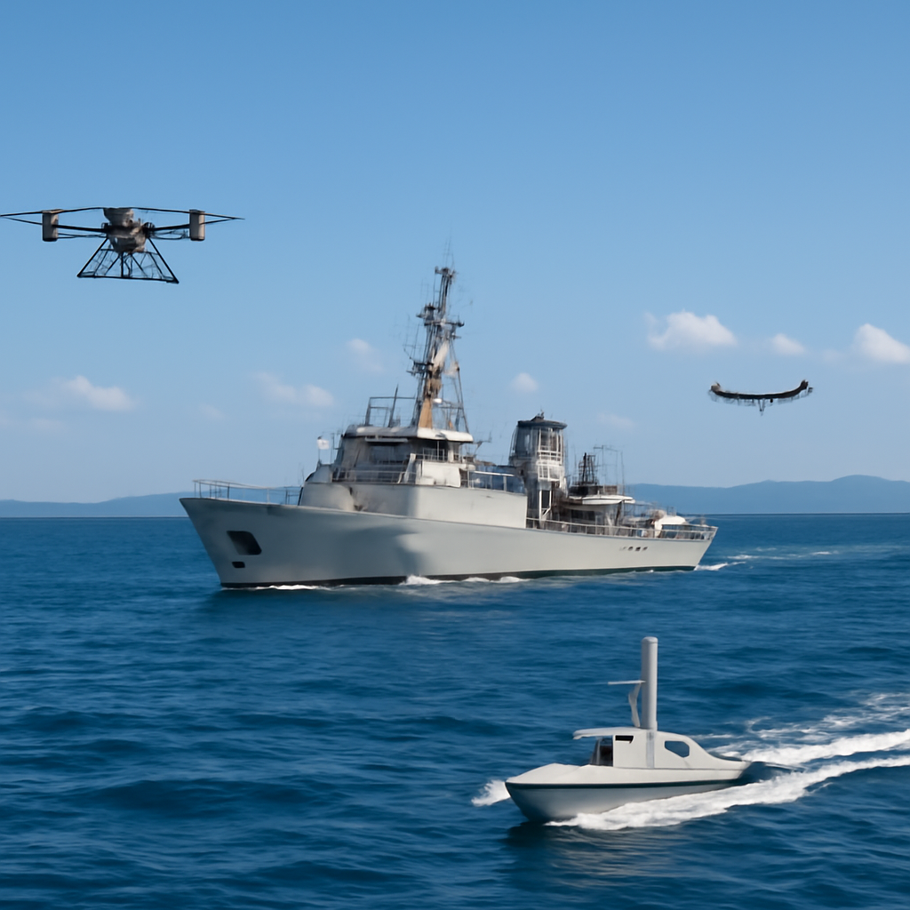 Naval vessel and uncrewed systems on open water, with distant view of strait.