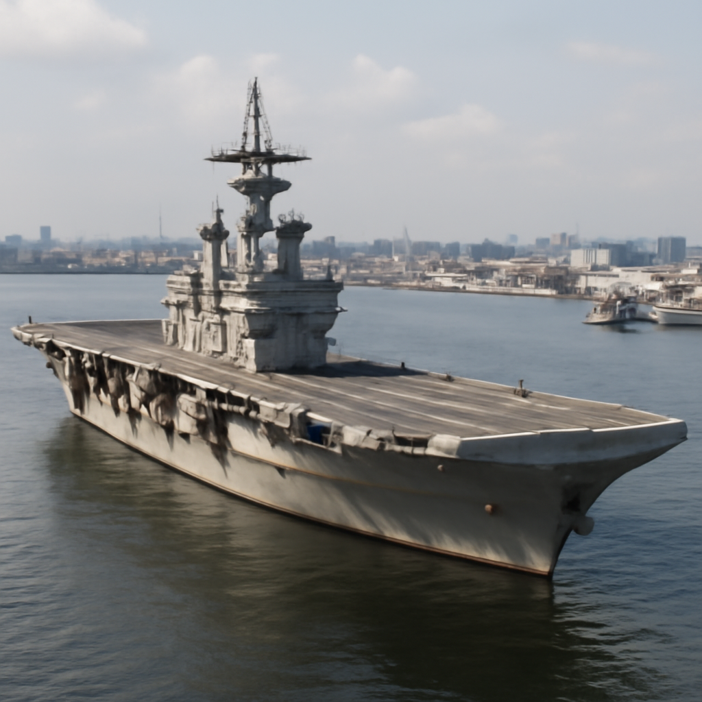 Small aircraft carrier docked in harbor with cityscape behind, showcasing its compact size.