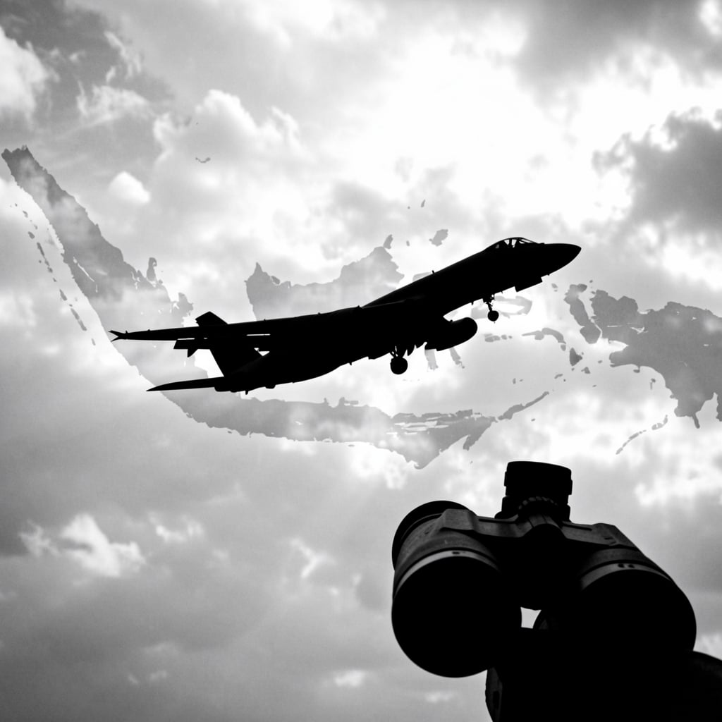 Military aircraft under surveillance against cloudy sky with Indonesian archipelago backdrop.