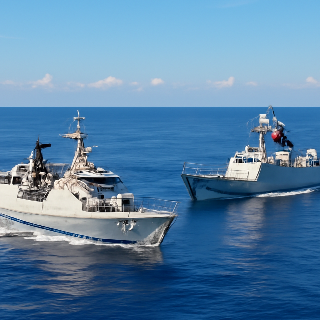 Indonesian and Chinese naval frigates maneuver in formation at sea under clear blue skies.