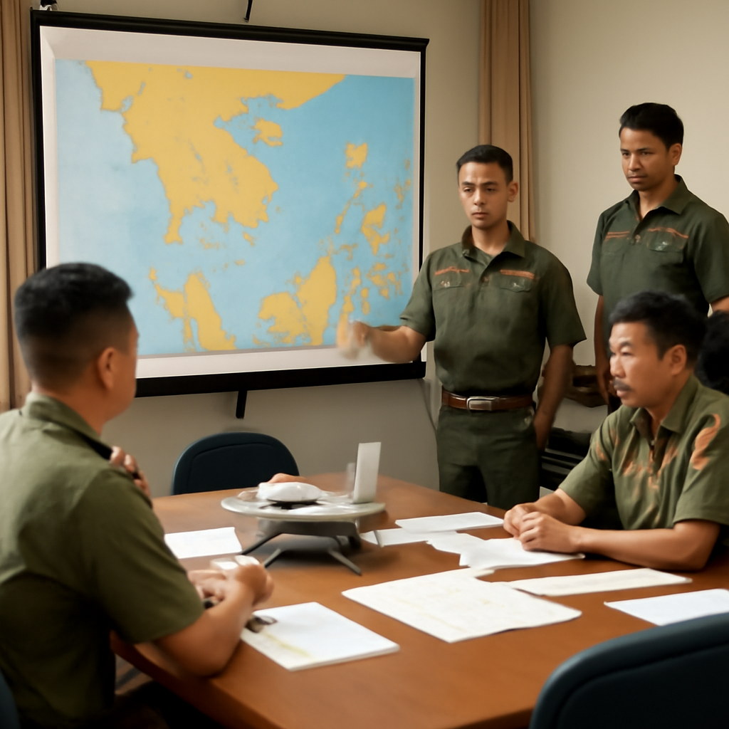 Military officials in formal attire gather around a large table in a briefing room with a projector screen displaying a…